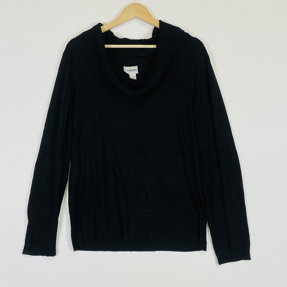Chico's Cowl Neck Sweater Womens 2 Large Black Ribbed Knit Quiet Luxury Basic